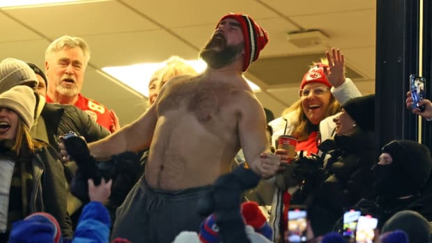 Jason Kelce reacts after the Kansas City Chiefs score against the Buffalo Bills during the first half for the 2024 AFC divisional round game at Highmark Stadium.